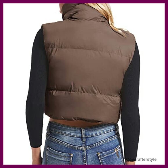 Cropped Puffer Vest Quilted Sleeveless Zip Chic Minimal Fall Winter Outerwear - Picture 5 of 8